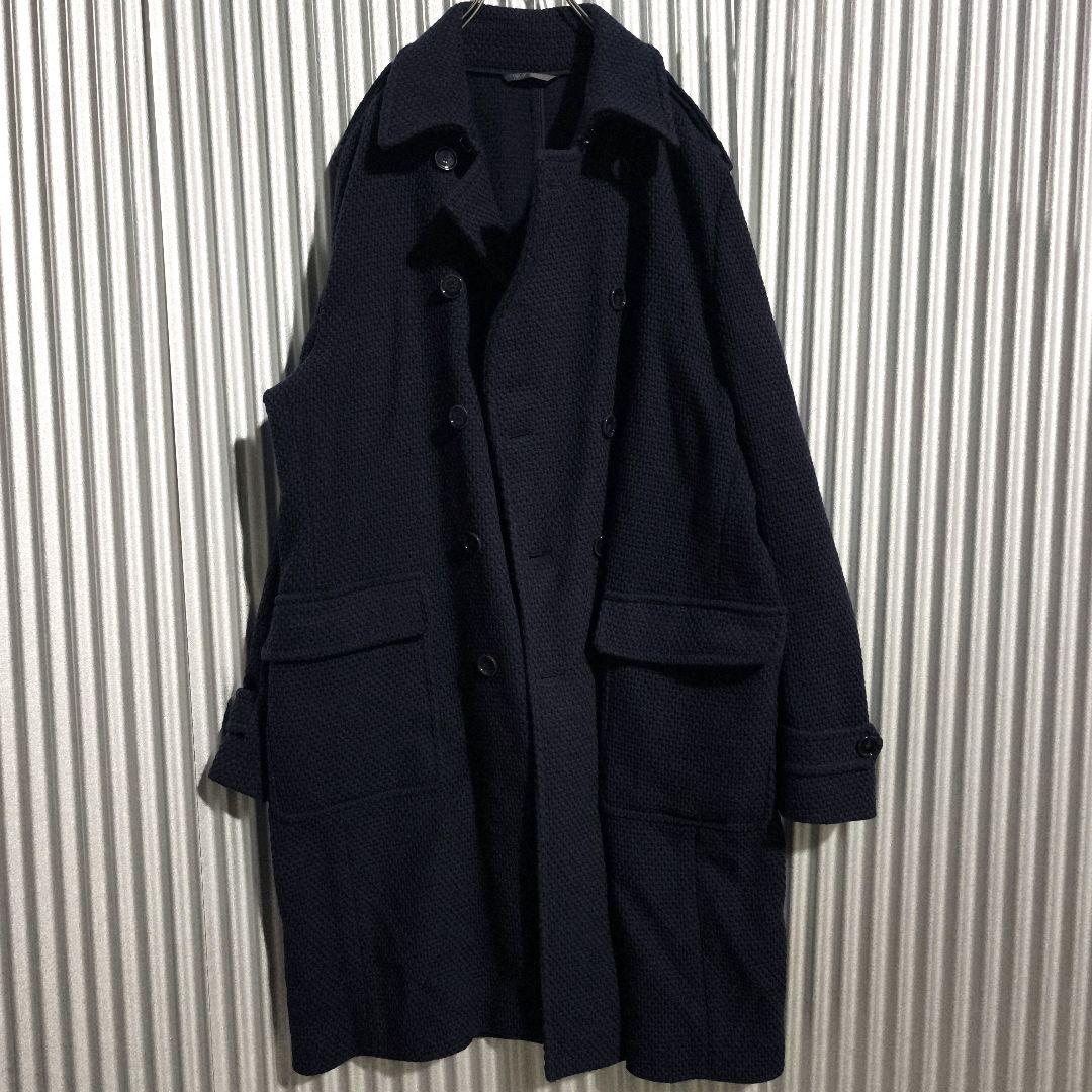 ヒューゴボス ダブルブレスト ロングコート ニット ワッフル ネイビー