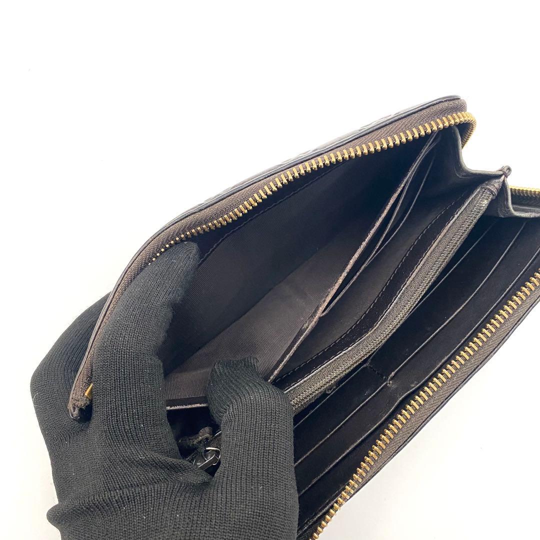 GUCCI グッチ GG シマ レザー L時 ファスナー 長財布 ブラウン