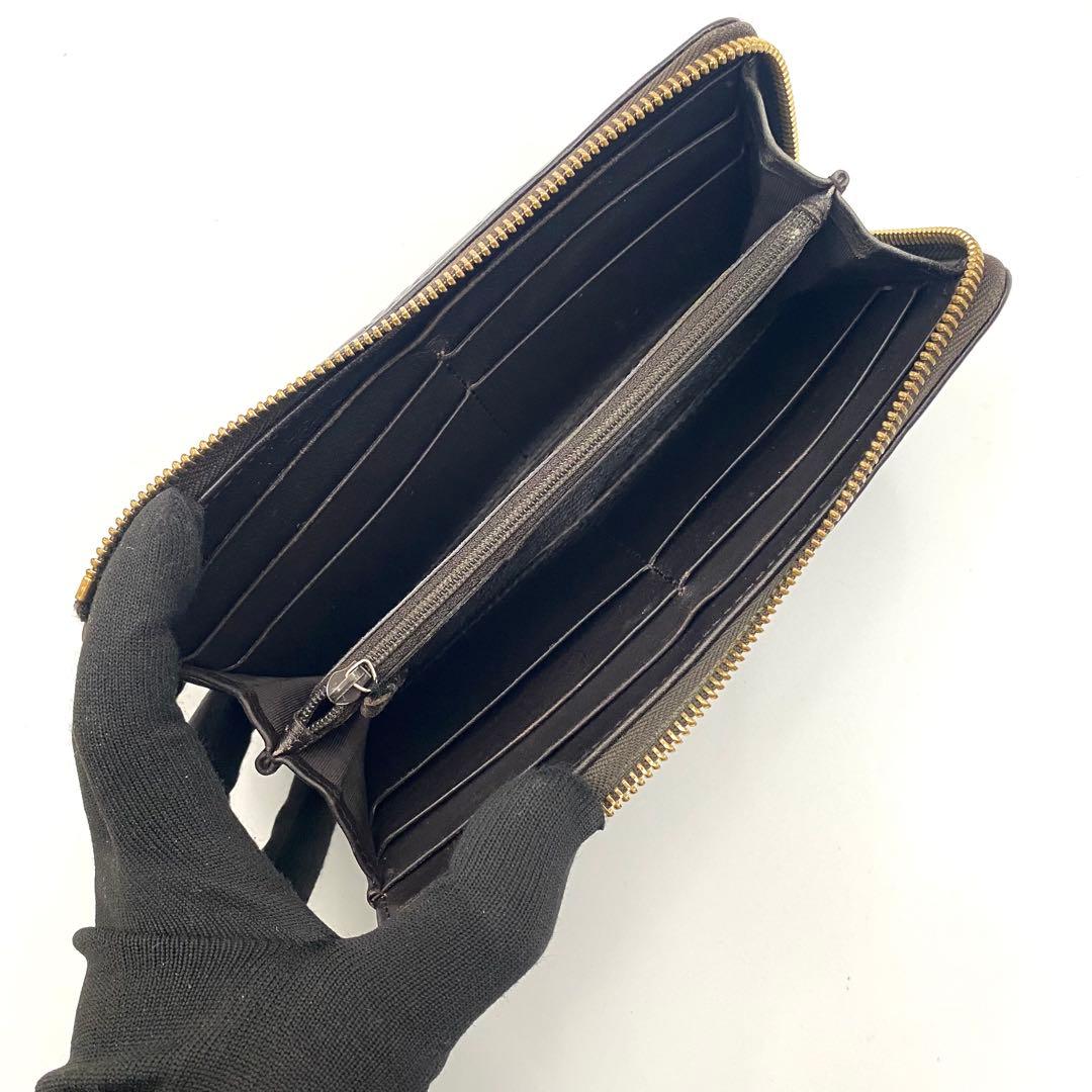 GUCCI グッチ GG シマ レザー L時 ファスナー 長財布 ブラウン