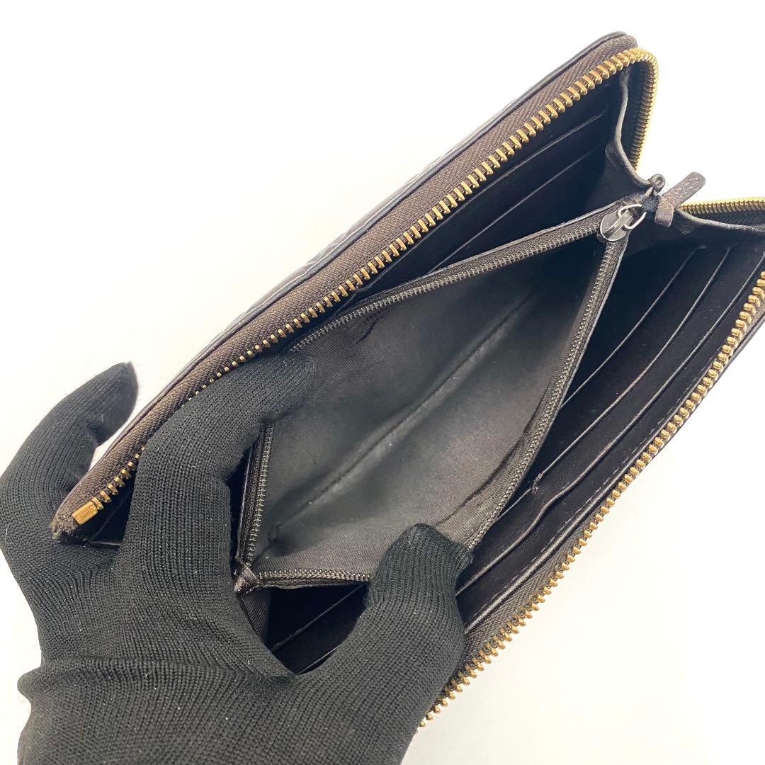 GUCCI グッチ GG シマ レザー L時 ファスナー 長財布 ブラウン