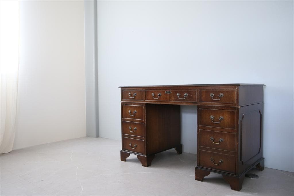 英国アンティーク木製両袖デスク/勉強机テーブル/飾り棚/オフィス事務89-135