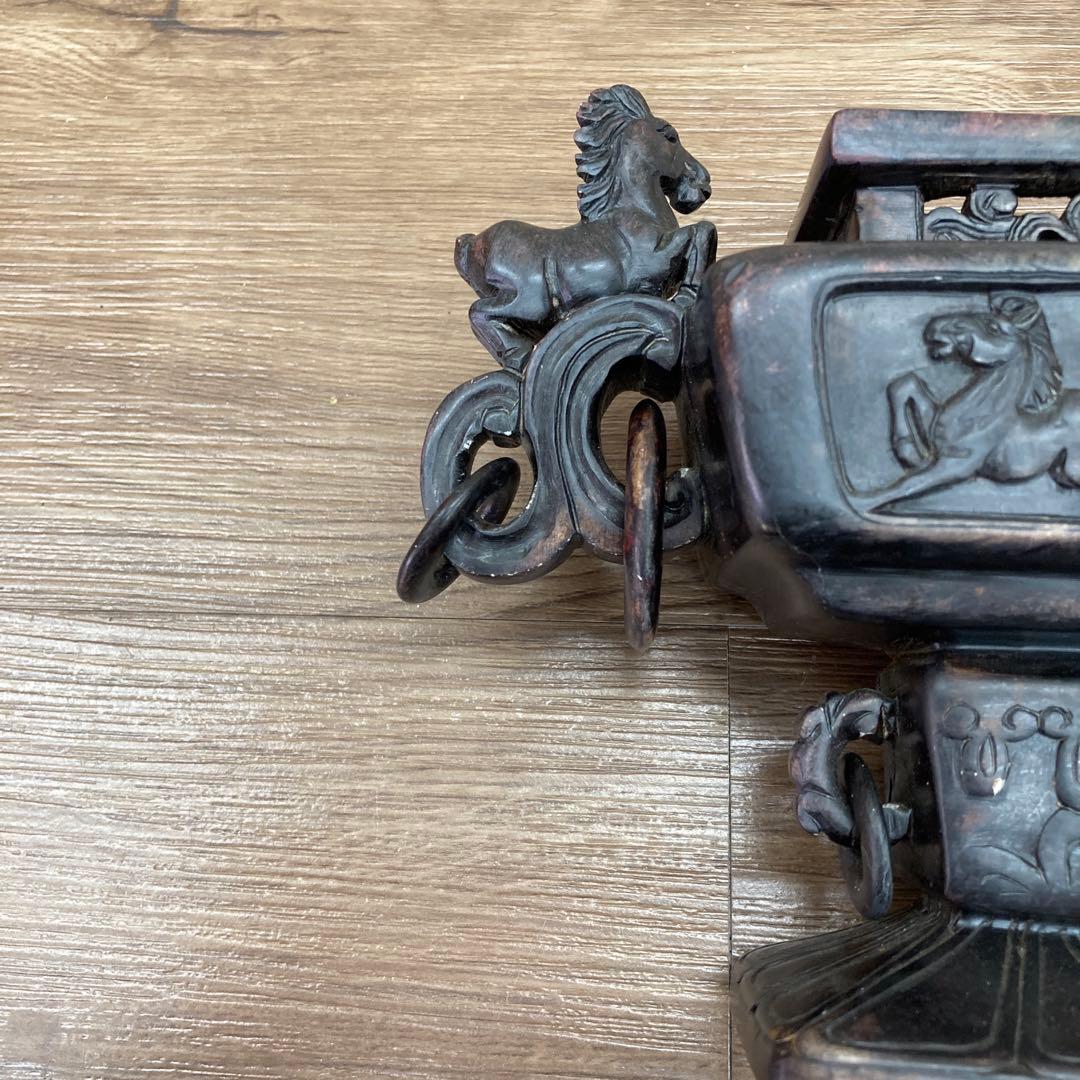 E-4 【希少】馬 彫刻 香炉 飾り壺 三足 蓋なし アンティーク 骨董品 イン