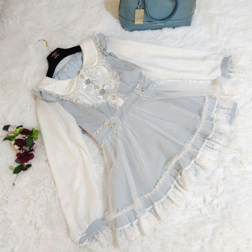 極美品　 NOEMIE　水色　ドレス　フリル　レース　M　ペチコート　ビジュー