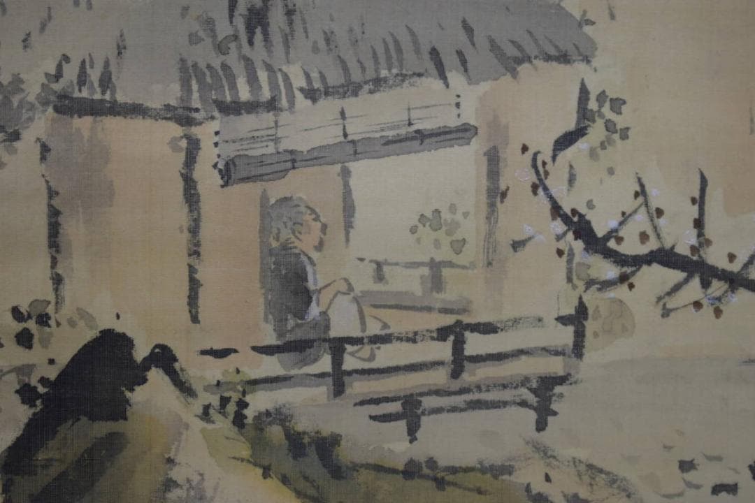 真作/里見雲嶺/山水梅花図/民家図/絹表装/布袋屋掛軸HI-