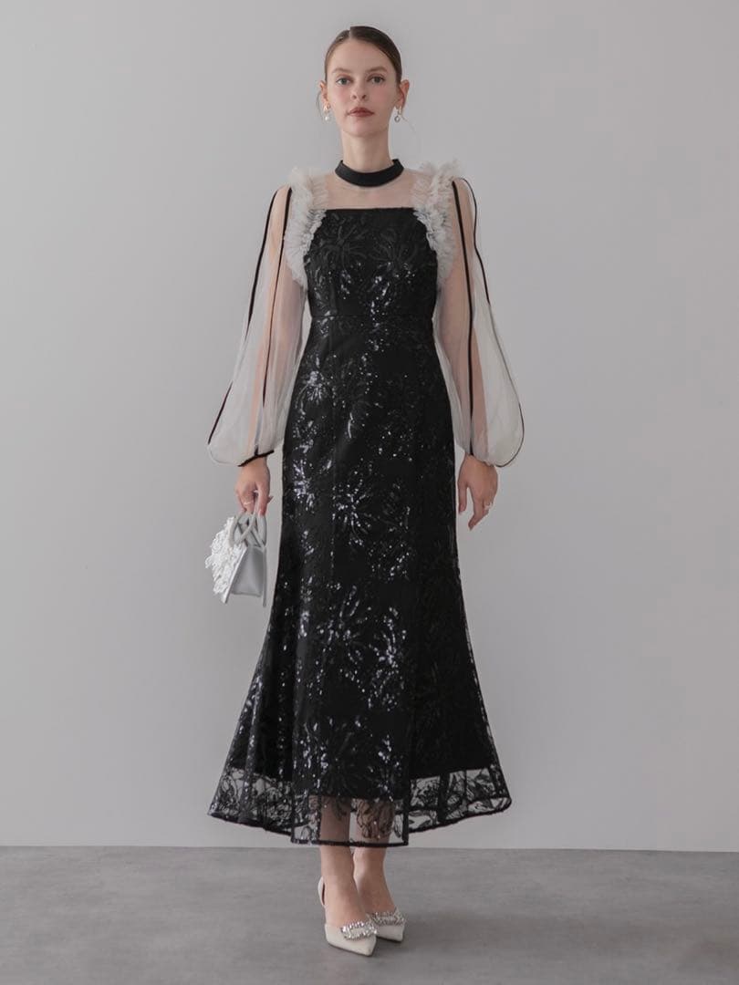 フラワースパンコールチュールフリルロングスリーブマーメイドワンピースドレス結婚式