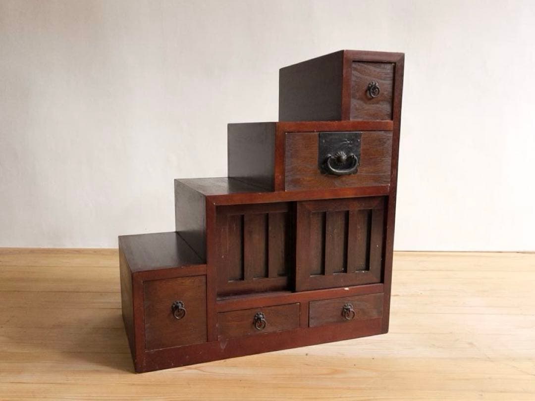 収納棚　木製　階段　和家具　古道具　古家具　ビンテージ　アンティーク　レトロ