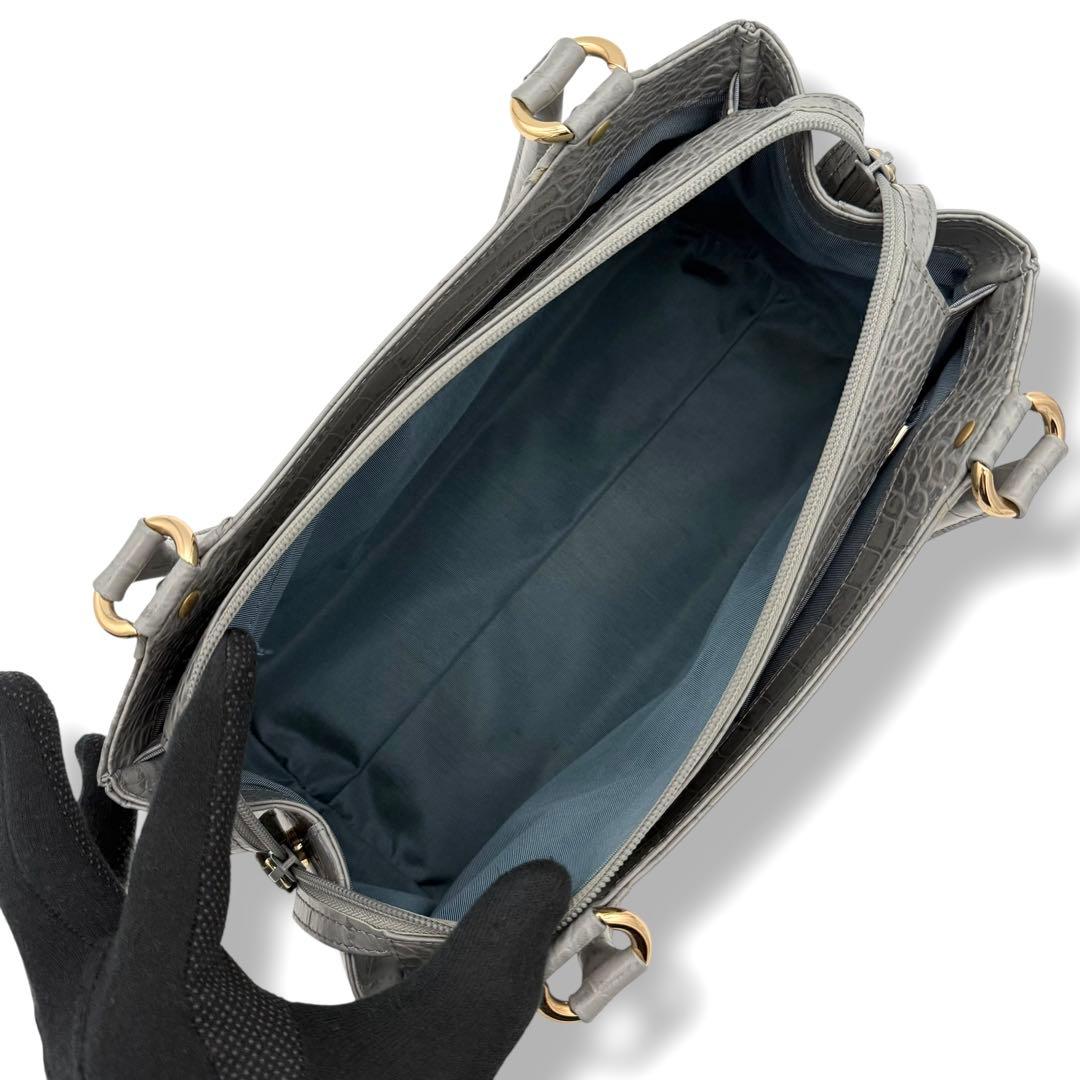 ハマノ ミニボストンバッグ コッコビアン クロコ型押しレザー グレー