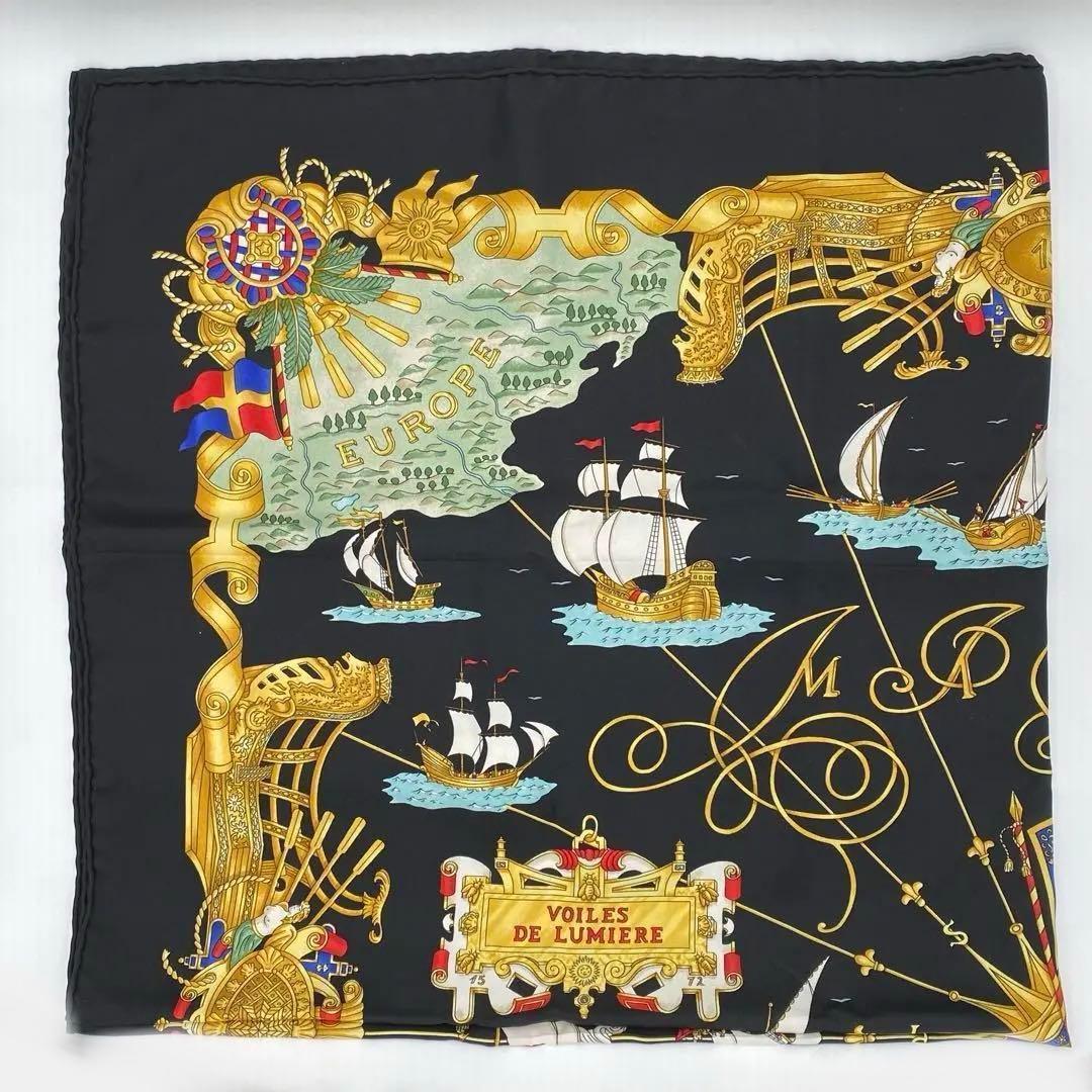 エルメス カレ90 VOILES DE LUMIERE 光の帆船 スカーフ 黒色