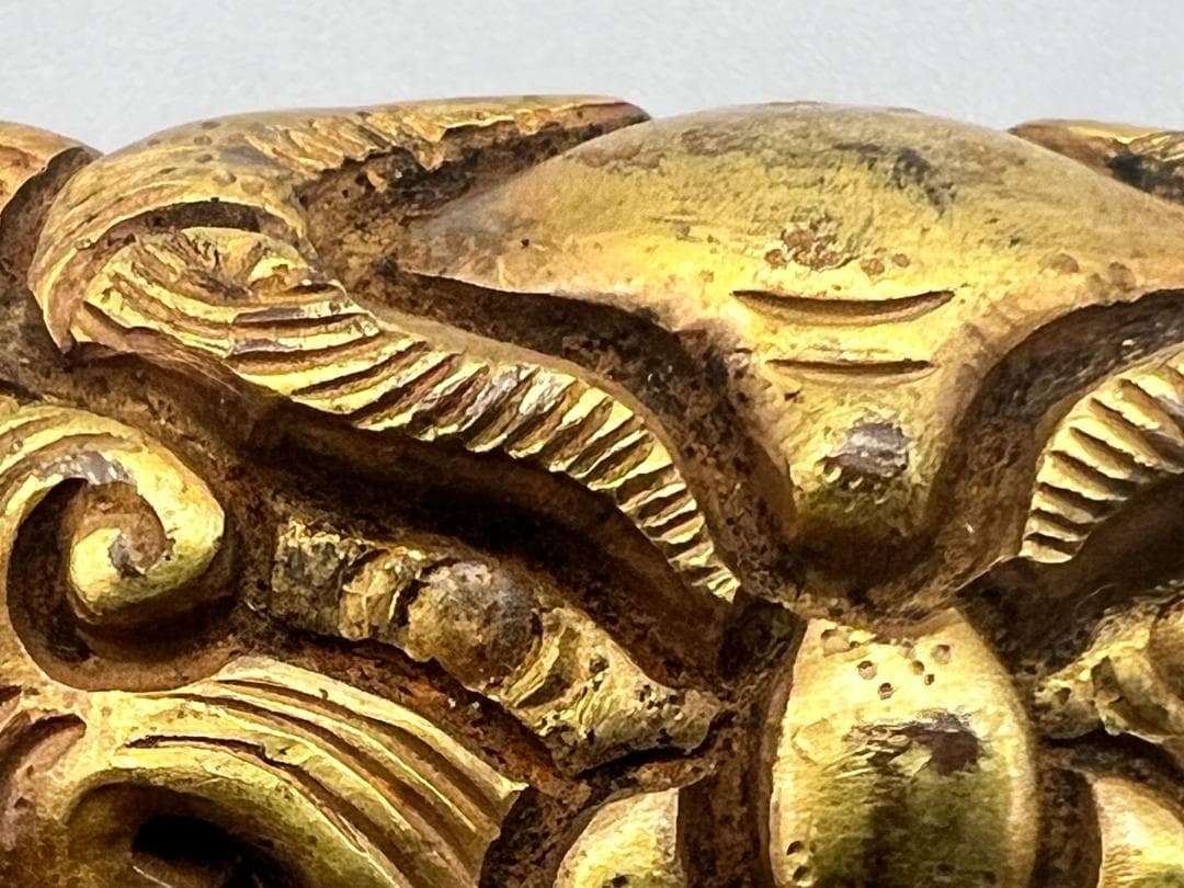 尾州藩士　江戸明治期　獅子顔形　手彫　大金具　銅製鍍金　骨董品