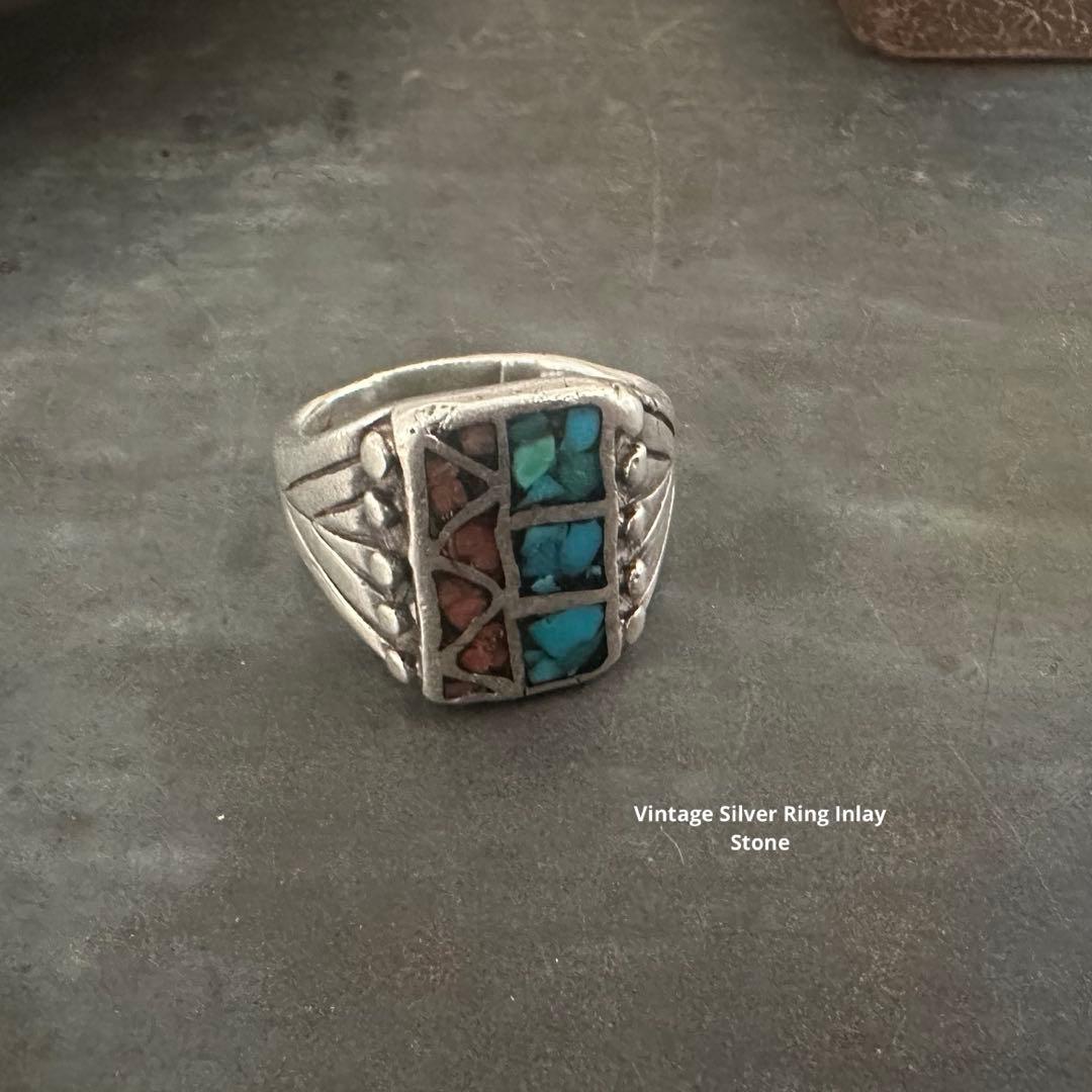 希少ヴィンテージリングアンティークシルバー925 ターコイズインレイ