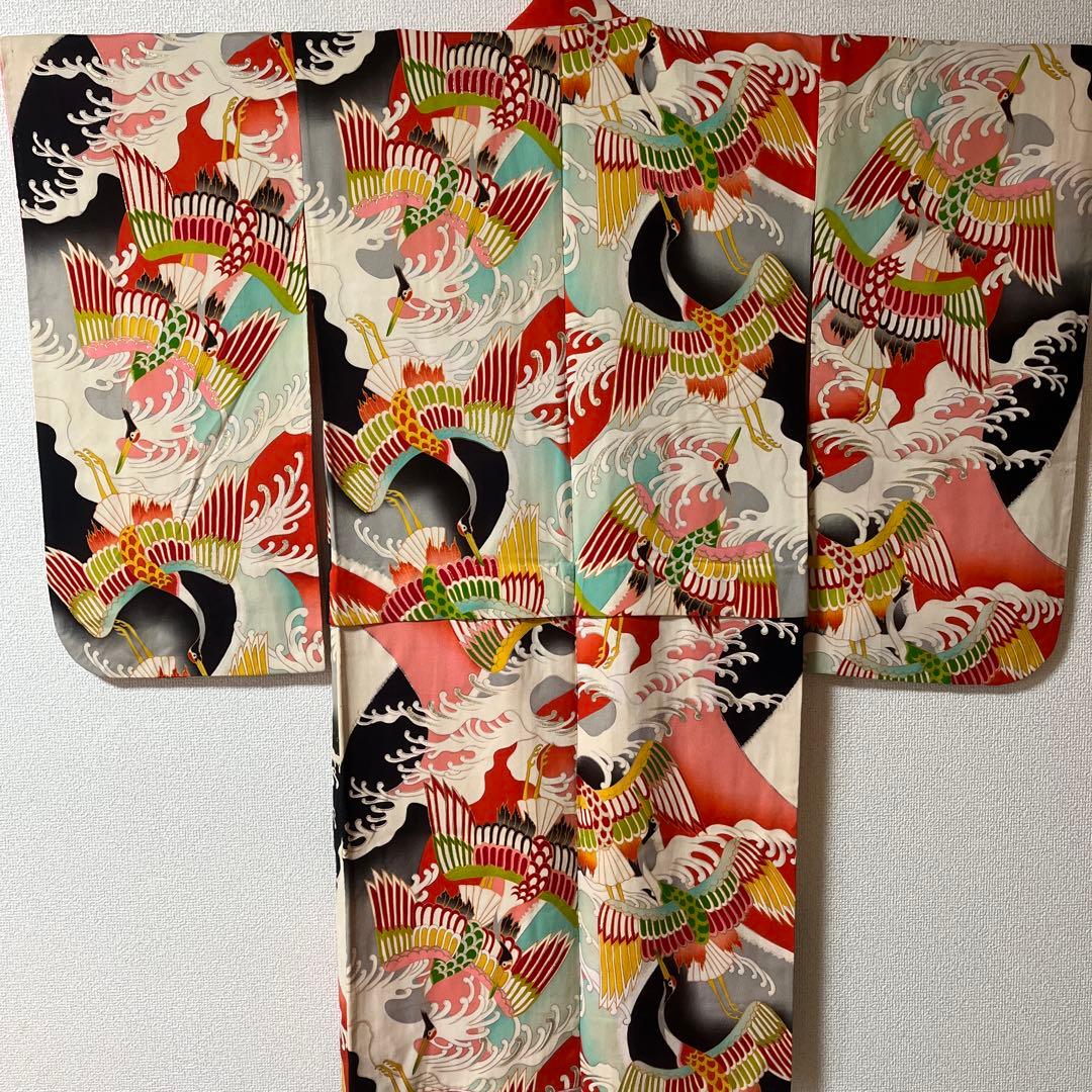 七五三　7歳　正絹　アンティーク　カラフル　鶴　フルセット　レトロ　着物セット