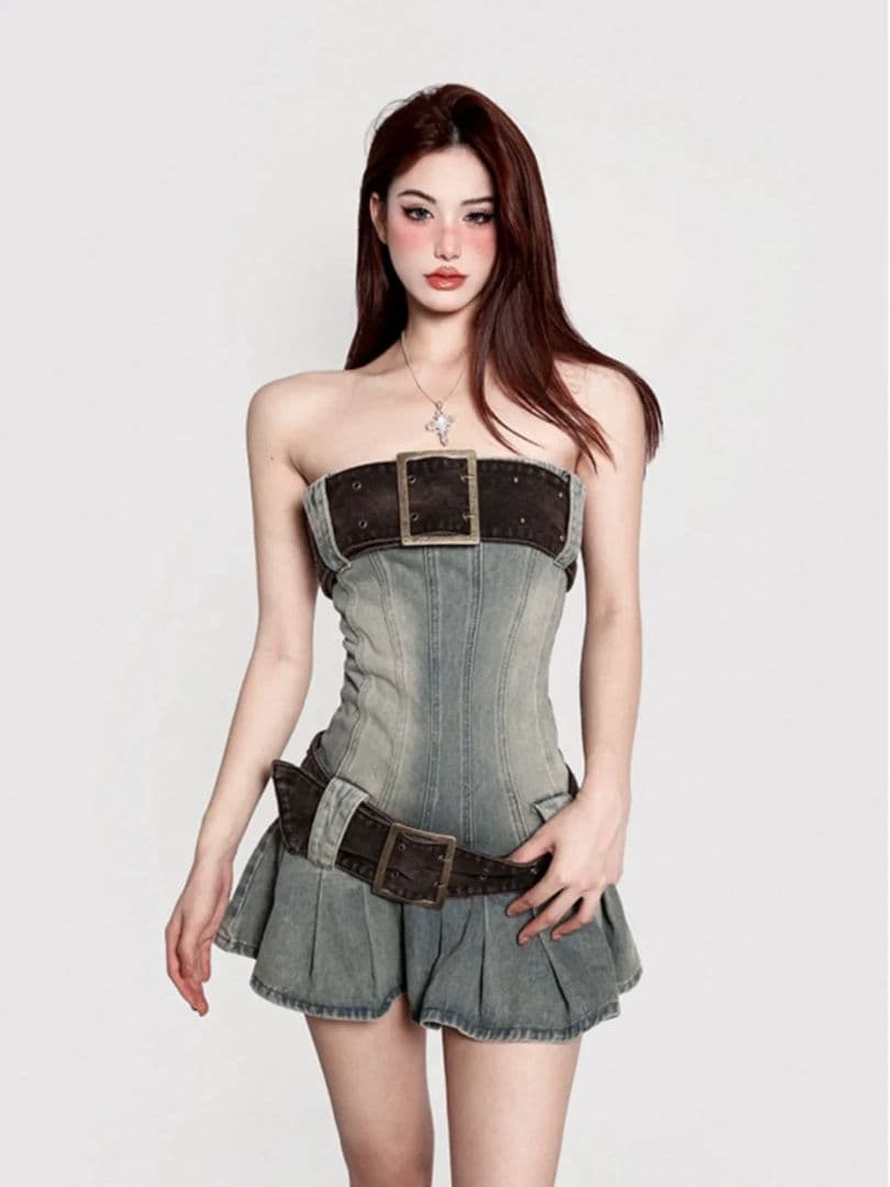 おしゃれデニムチューブトップスカート☆ワンショルダーで女子会コーデにぴったり