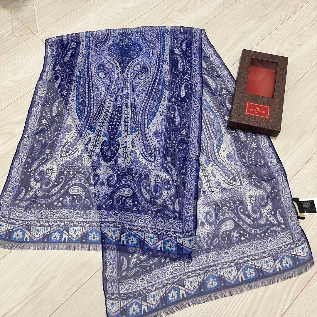 ETRO エトロ スカーフ ストール ショール ペイズリー柄 シルク ブルー