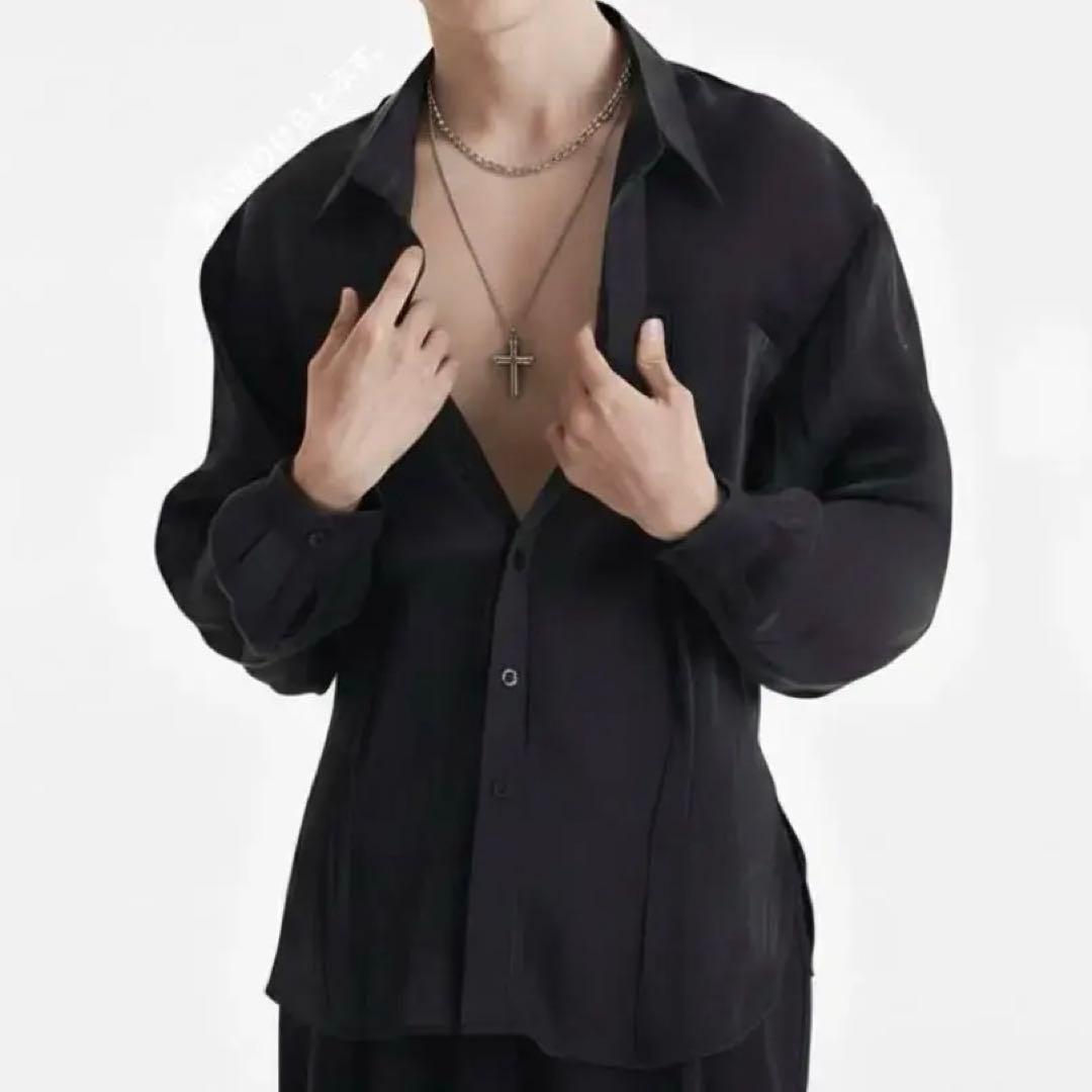 ⚪️DUYQ メンズ 022 ボイル生地 ダンス用シャツ 黒