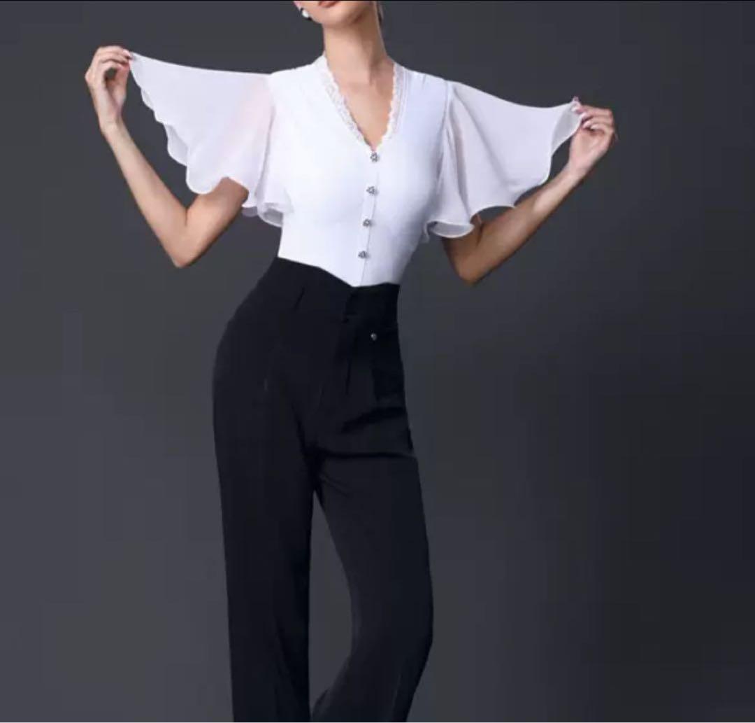 社交ダンスドレス トップス レオタード 新品 フリル袖