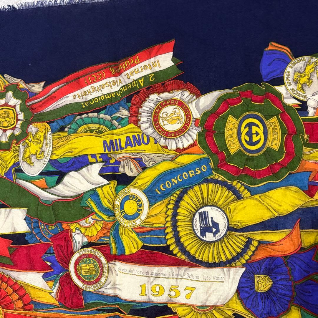 イタリア製　GUCCI 勲章　リボン メダル プリント 大判ストール　ウール