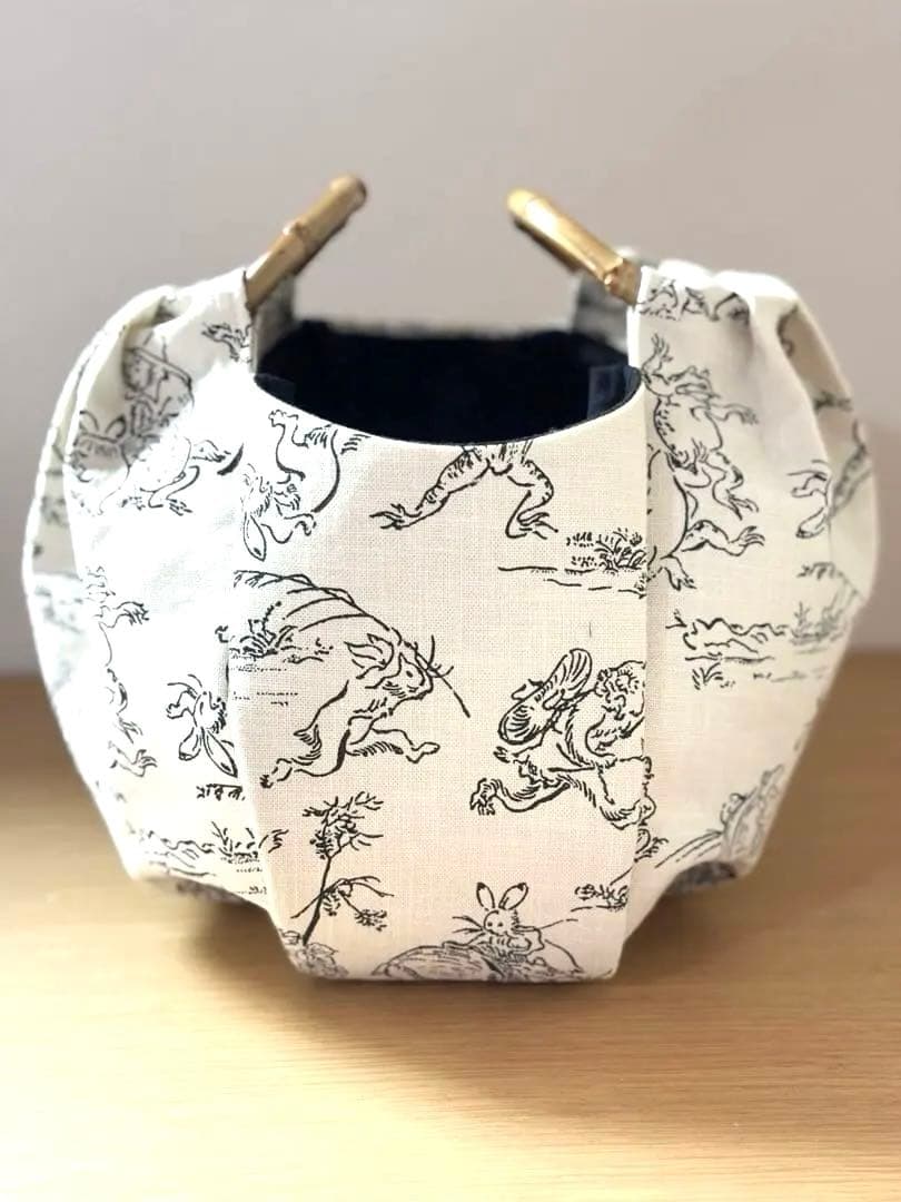 和装バック 着物バック和柄コットン生地・鳥獣戯画（アイボリー）入学