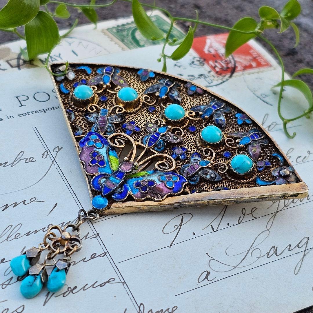 264】中国七宝 銀線細工 蝶々 ヴィンテージブローチ ターコイズ 扇