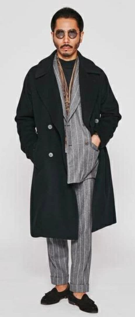 美品 ナノ・ユニバース× 西川ダウン ウール タイロッケン ダブルコート M 黒