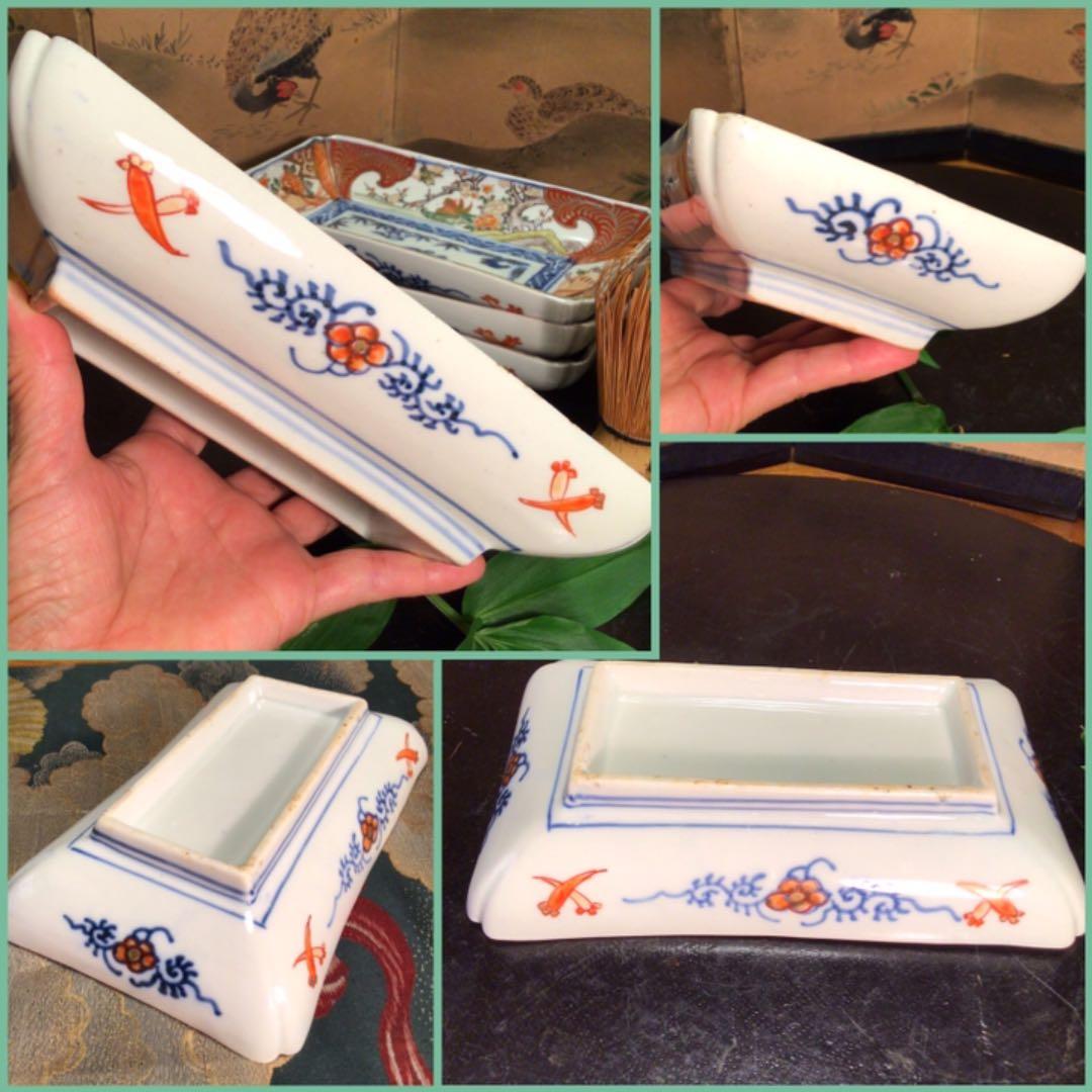 A549 古伊万里　上手　染錦手　おしどり牡丹　扇面に蝶紋様　隅切長皿　5枚