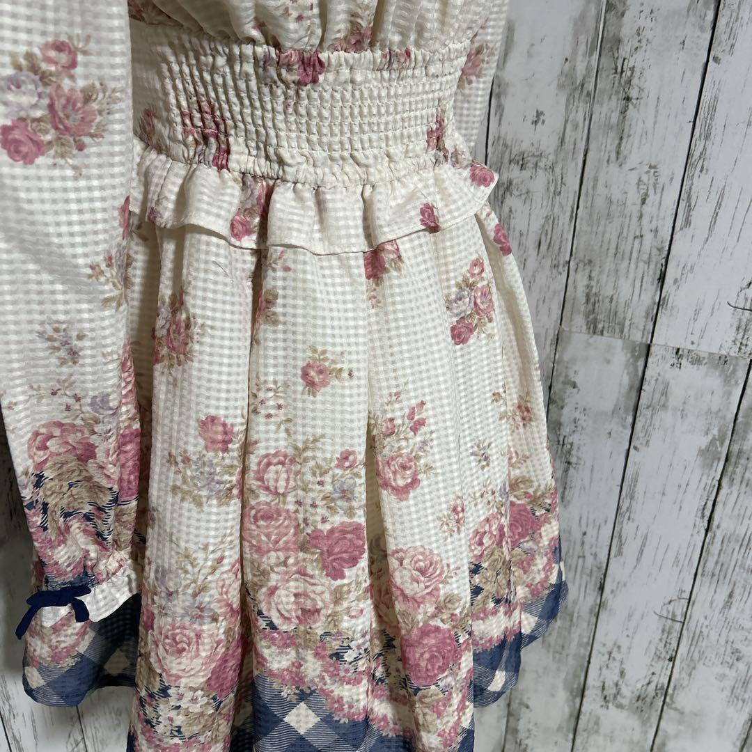 美品【リズリサ】ローズ×ギンガム切替ワンピース ロリータ 姫系