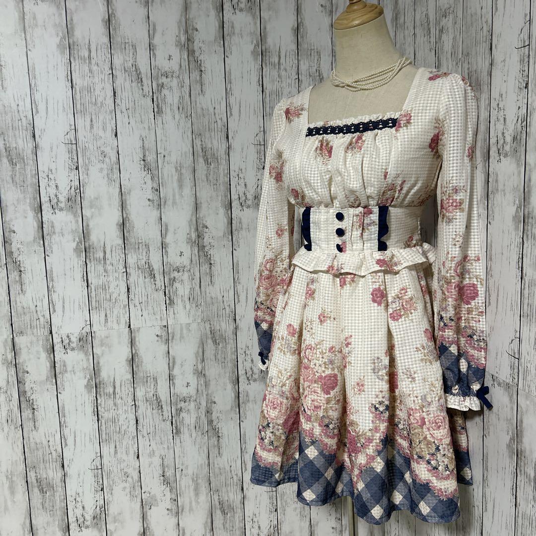 美品【リズリサ】ローズ×ギンガム切替ワンピース ロリータ 姫系