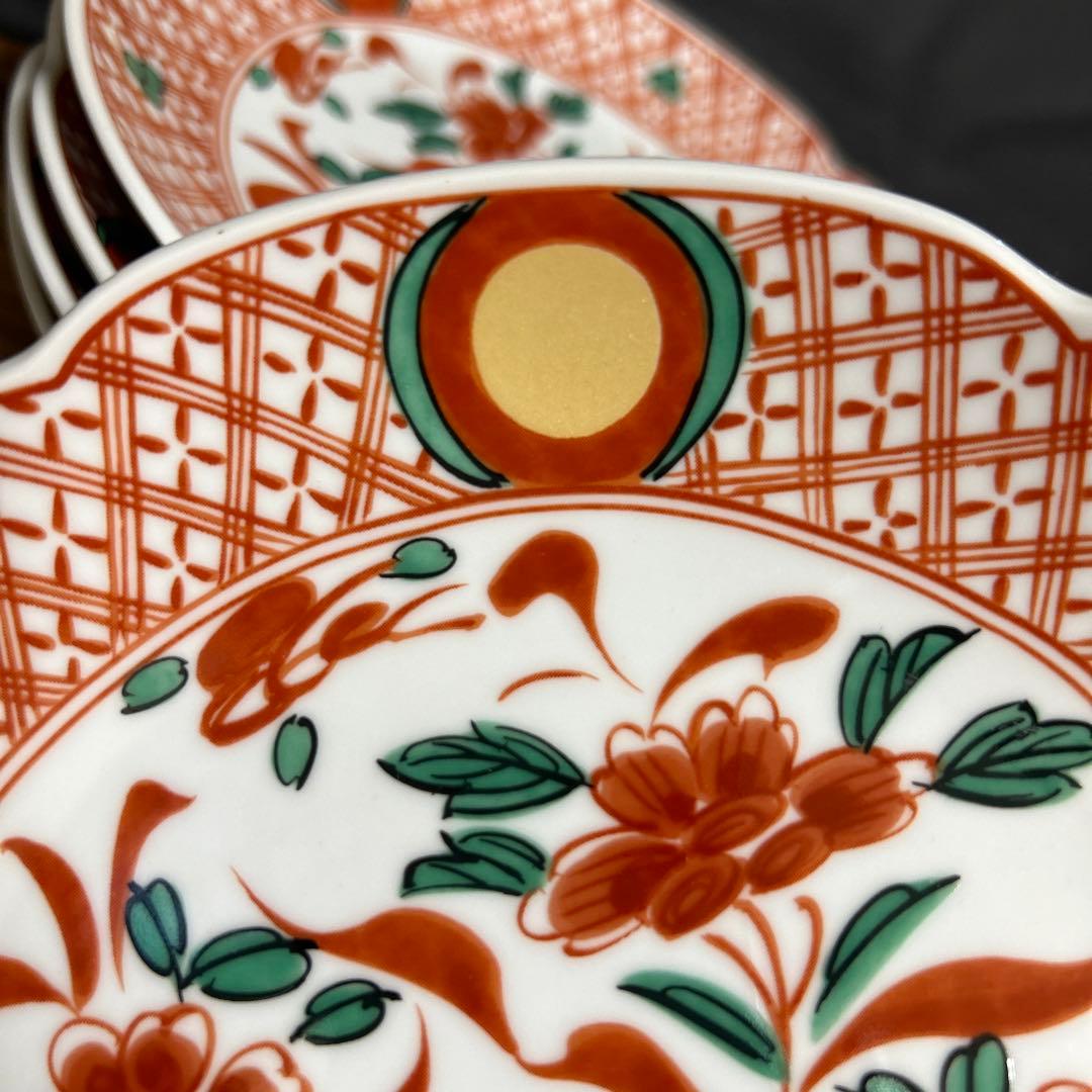 新品 平安橘吉 たち吉 呉須赤絵 花鳥絵図 金彩丸紋 輪花中皿 和皿 銘々