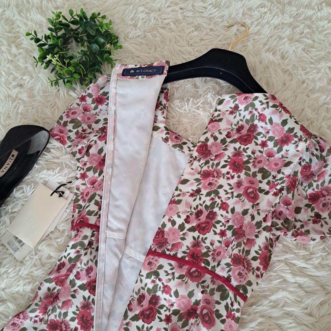 優雅✨エムズグレイシー　ワンピース　フレア　リボン　現行タグ　38 花柄　花