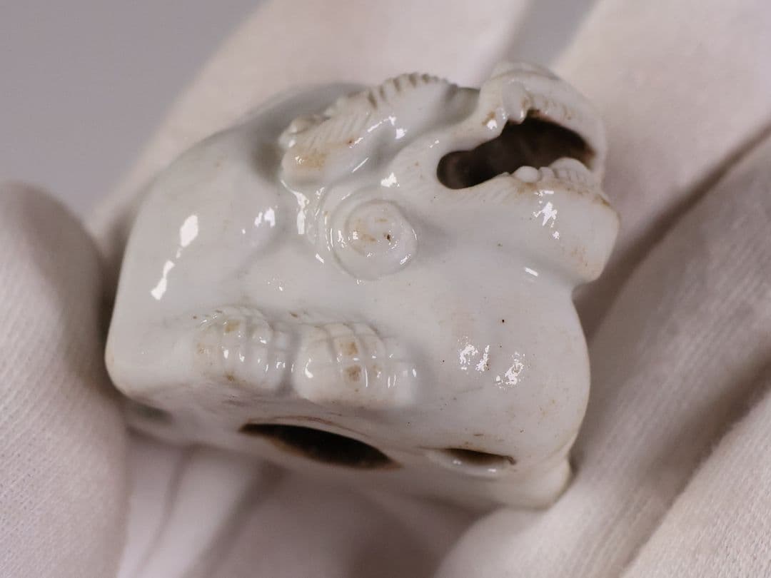 時代 堤物 陶製 獅子 根付 【MA863】