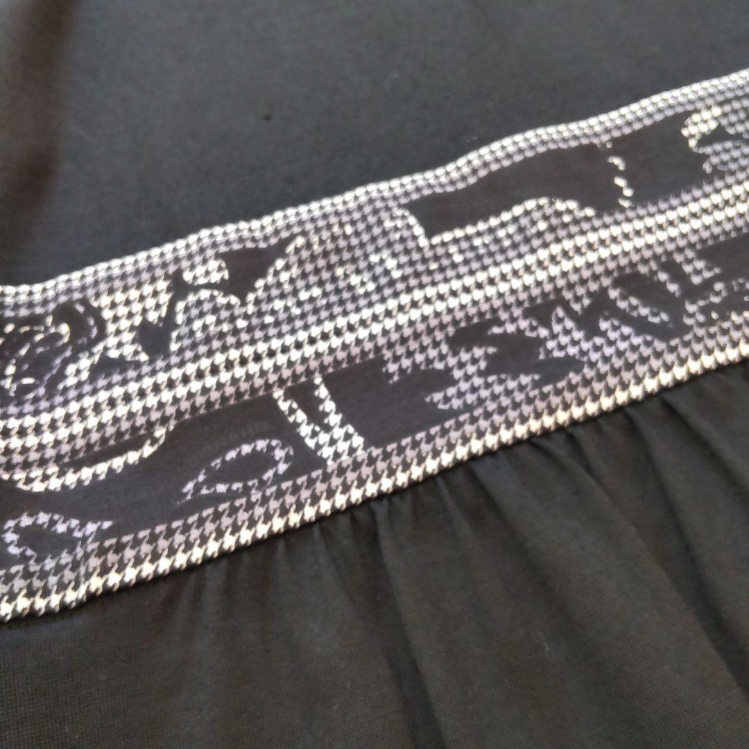 美品 レオナール 千鳥格子 長袖 ギャザー ひざ丈ワンピース トリム ブラック