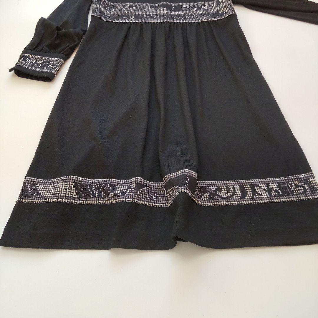 美品 レオナール 千鳥格子 長袖 ギャザー ひざ丈ワンピース トリム ブラック