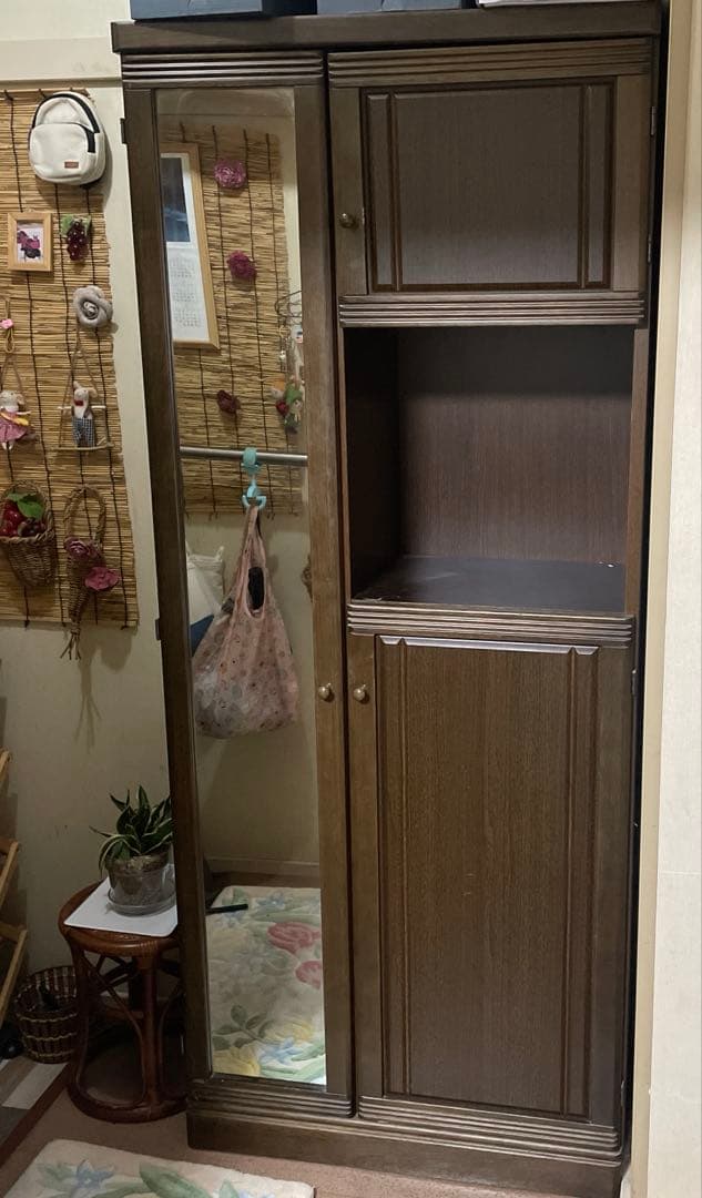 鏡付き　シューズラック　ブラウン