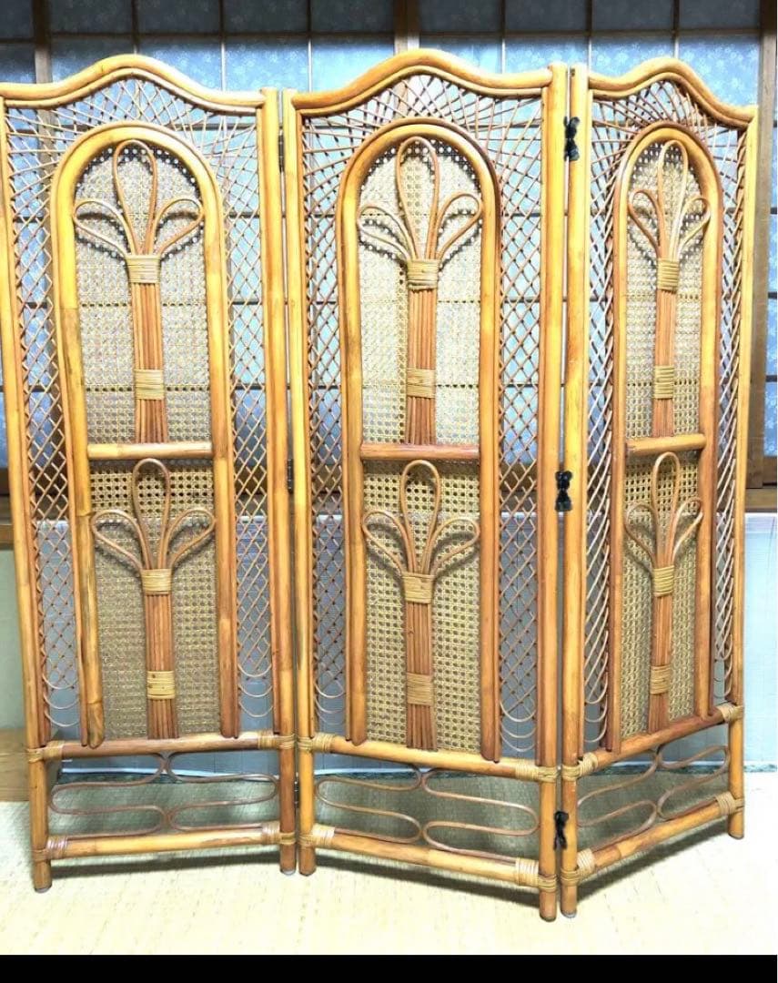 最終❣️衝立　パーテーション　屏風　ラタン　間仕切り目隠しレトロ　木製３連　玄関