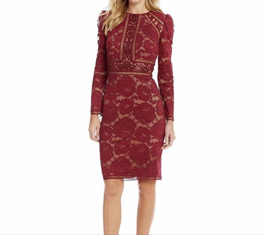 タダシショージ 8 レース膝丈 ワインレッド