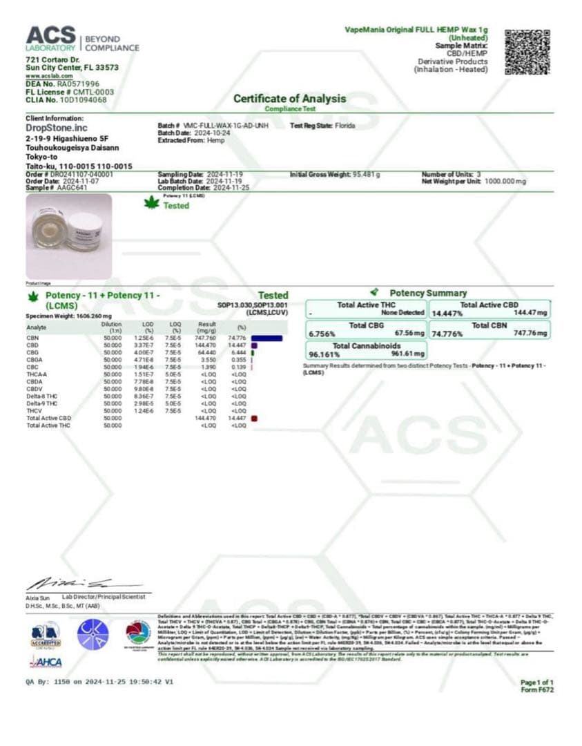 【3個まとめ売り】FULL HEMP 90%ワックス1G×3アムネシアディーゼル