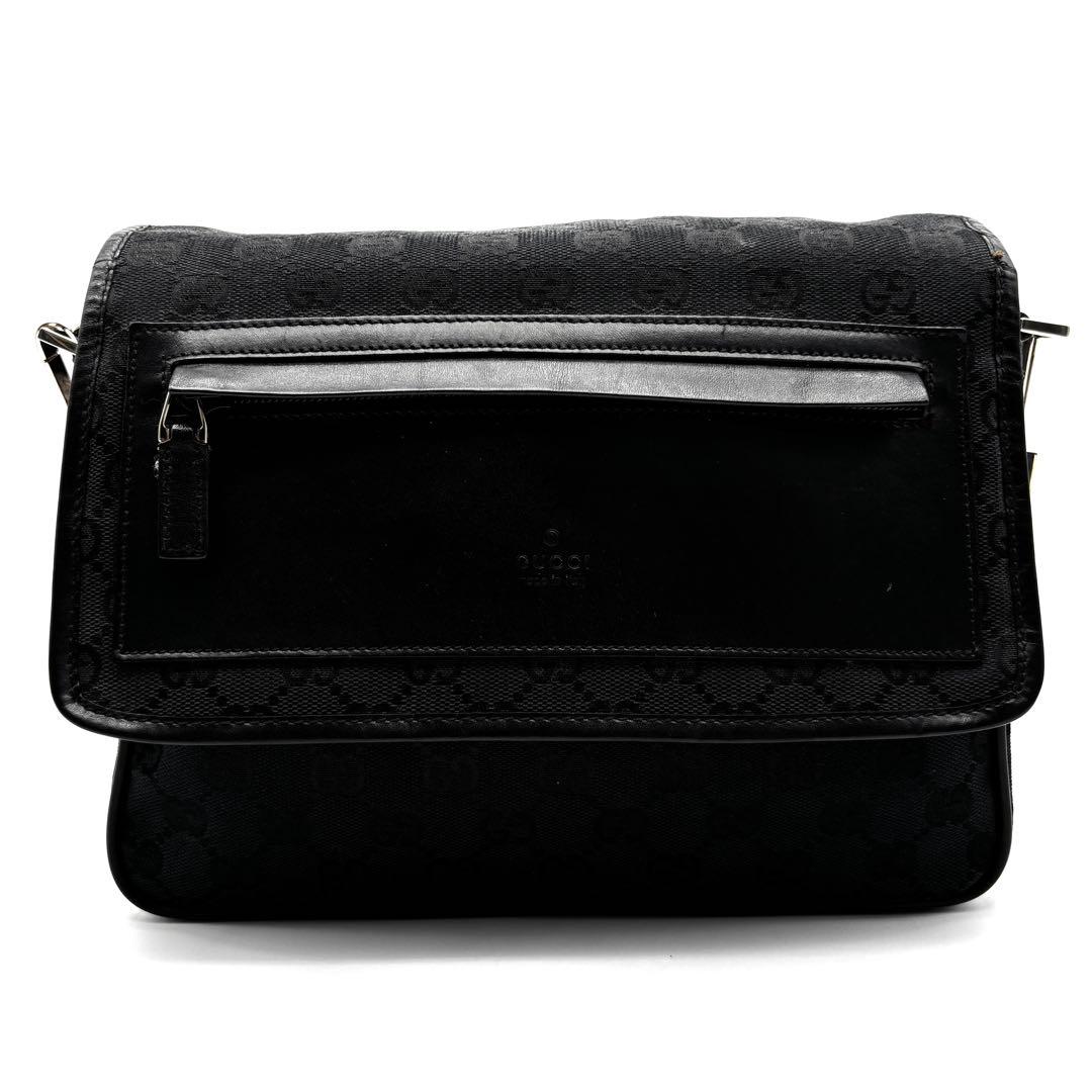 美品 グッチ ショルダーバッグ GGキャンバス レザー フラップ ロゴ メンズ