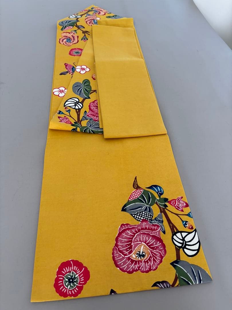 本場琉球紅型 正絹 紬地 九寸名古屋帯 ほどよく鮮やかなイエロー 美品