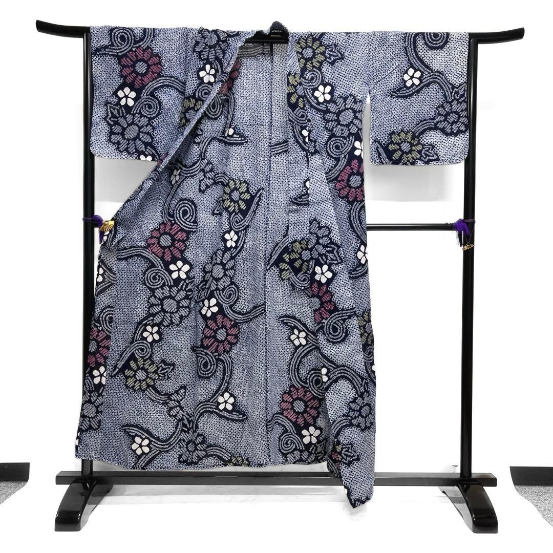 浴衣　有松鳴海絞り　花模様　小花　波　渦巻き　着物　033a d