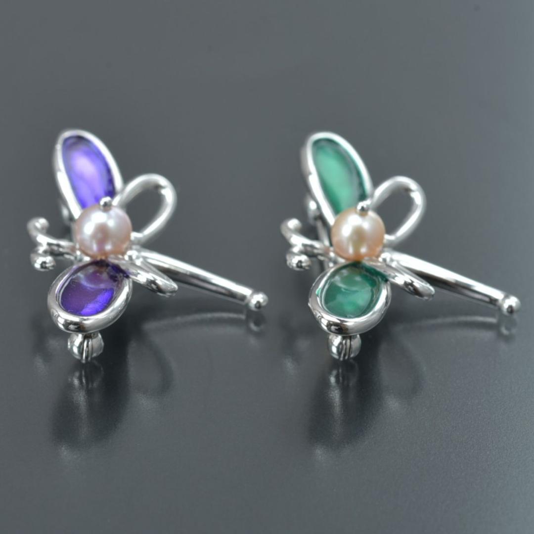 美品 TASAKI ブローチ トンボ 2個セット パール幅5.0mm SV 緑紫