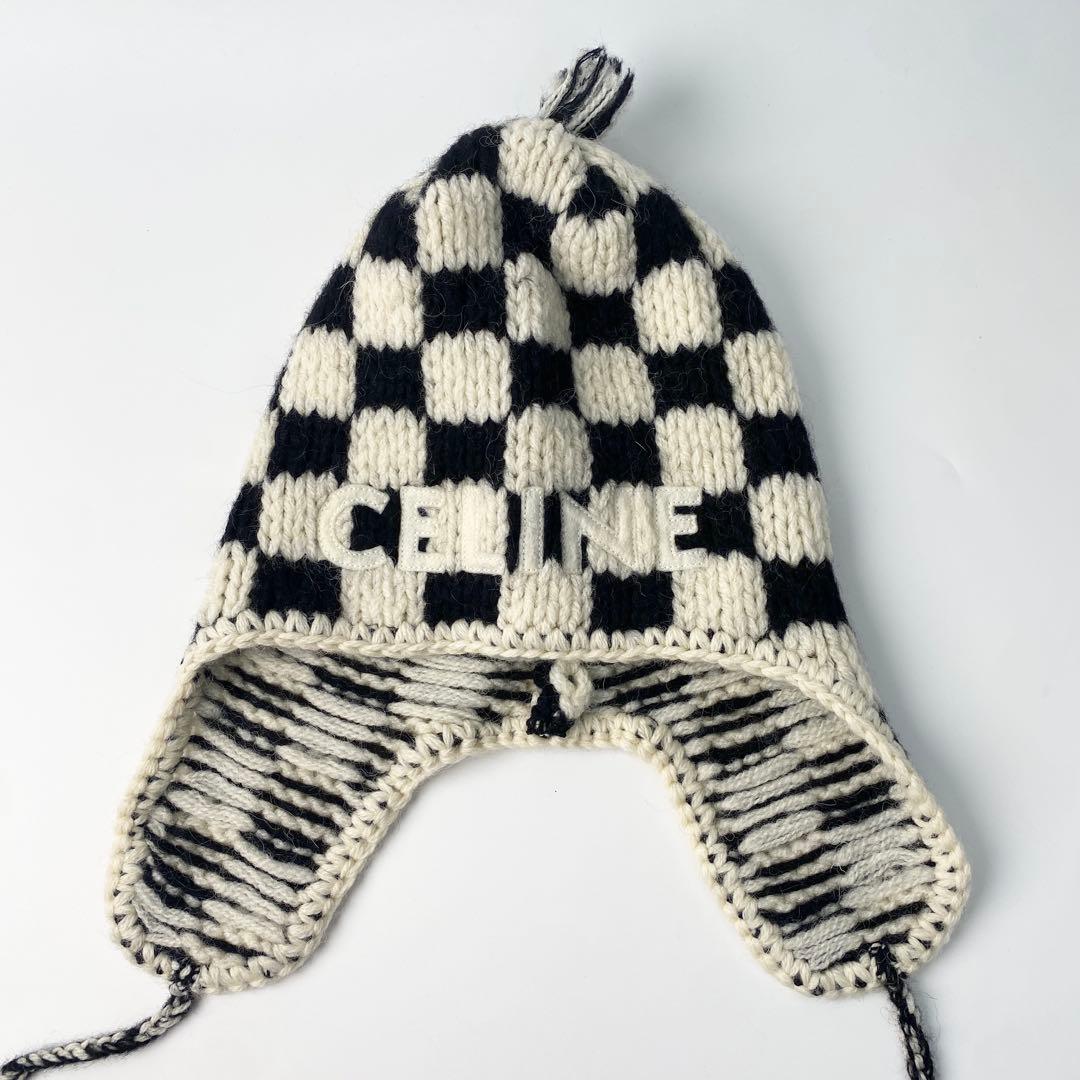 セリーヌCELINE チェック ニット ロゴ キャップ