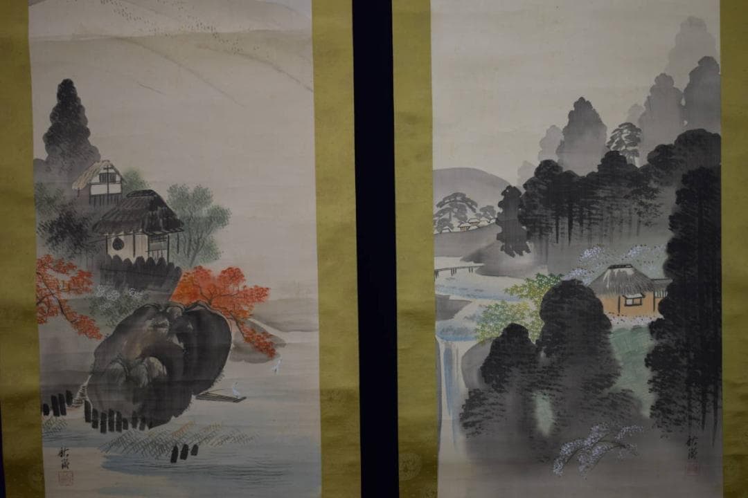 真作/中山秋湖/秋景山水図/双幅/桐共箱付/布袋屋掛軸