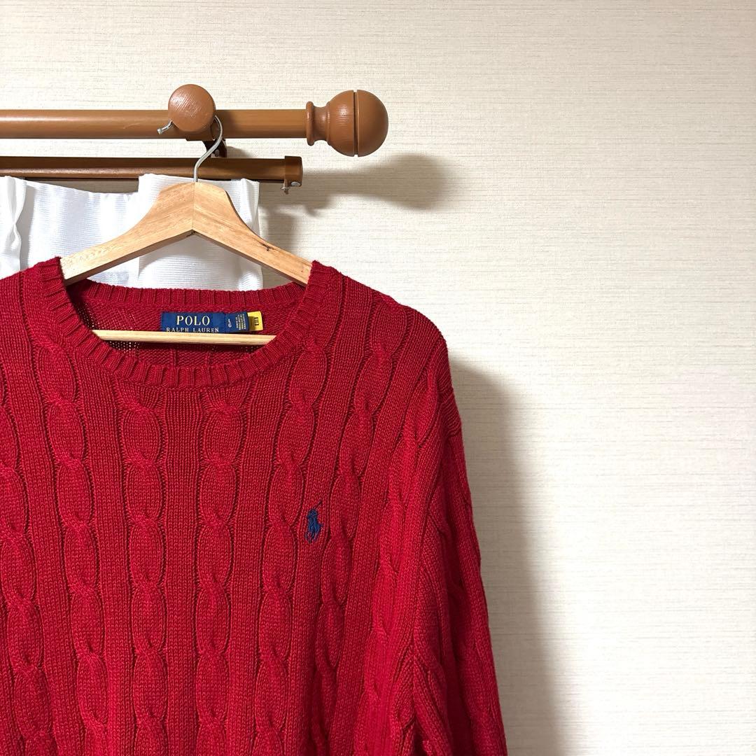 美品】ポロラルフローレン 現行 赤 ケーブルニットL - メルカリ