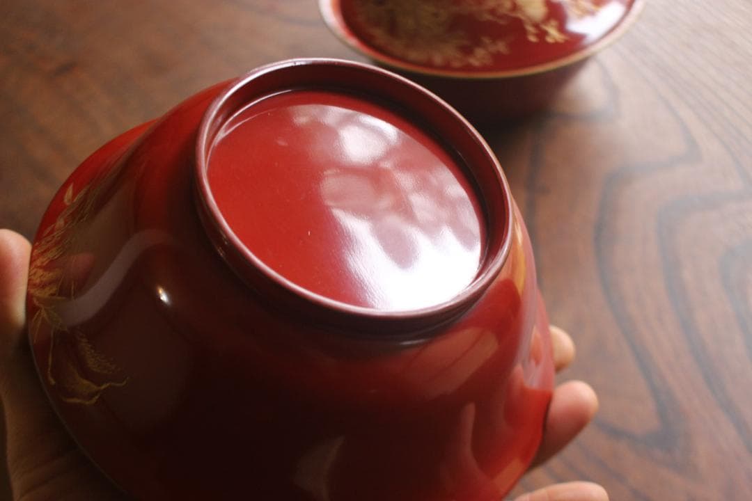 デッドストック！時代金縁朱漆に極上松竹梅沈金の映える大椀2点（検