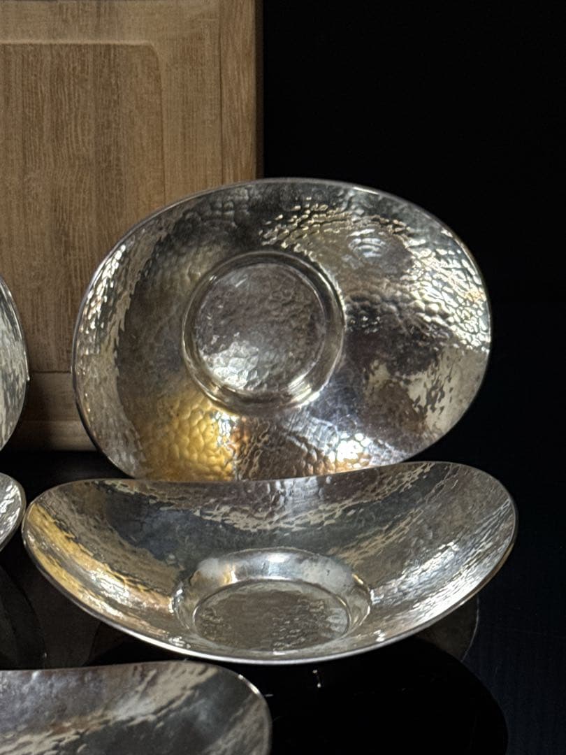 純銀 槌目 小判型 茶托 5枚 桐箱付 約290g 茶道具 煎茶