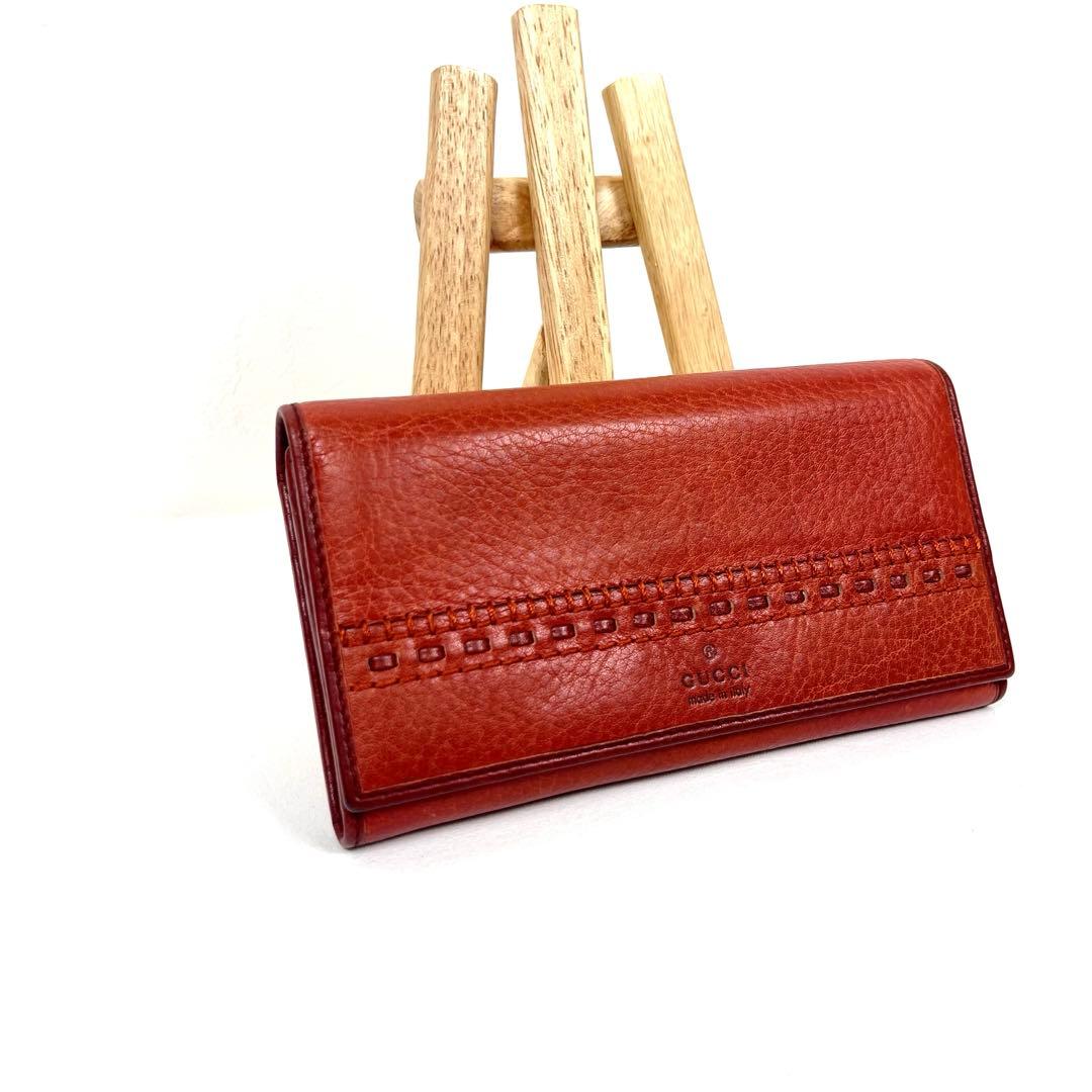 グッチ　長財布　未使用級　ビンテージ　本革　ステッチ　編み込み　ロゴ型押し