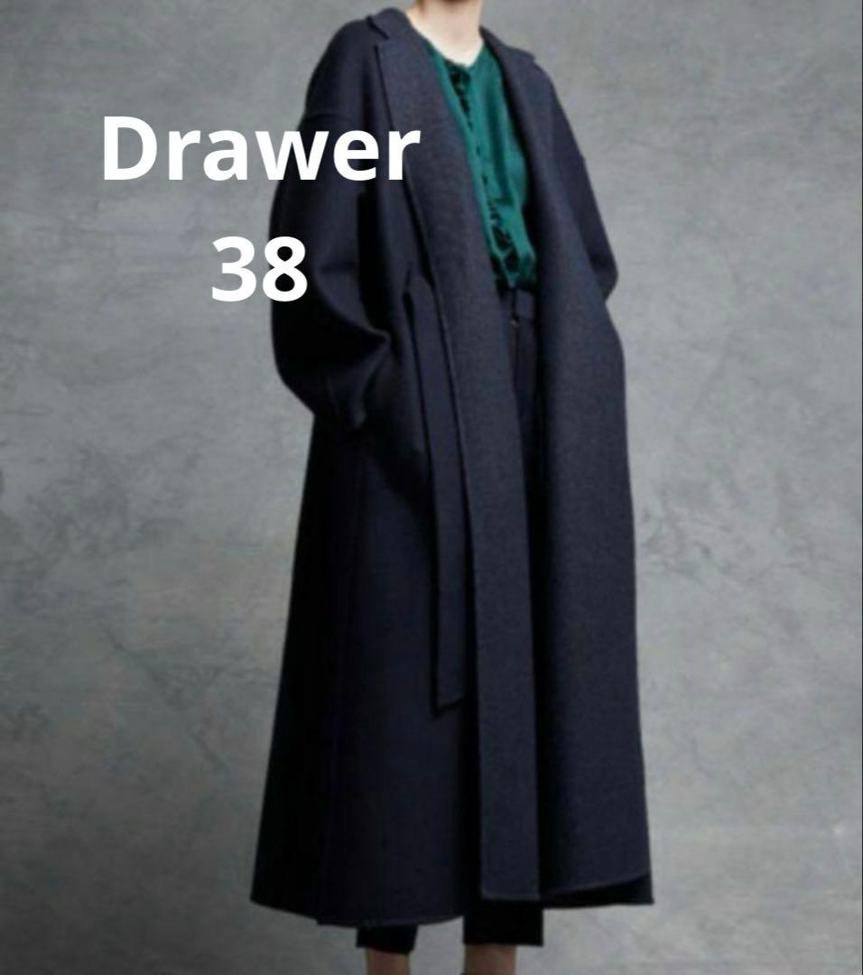 美品Drawerドゥロワー38】ウールケヌキテーラードカラーコート紺色
