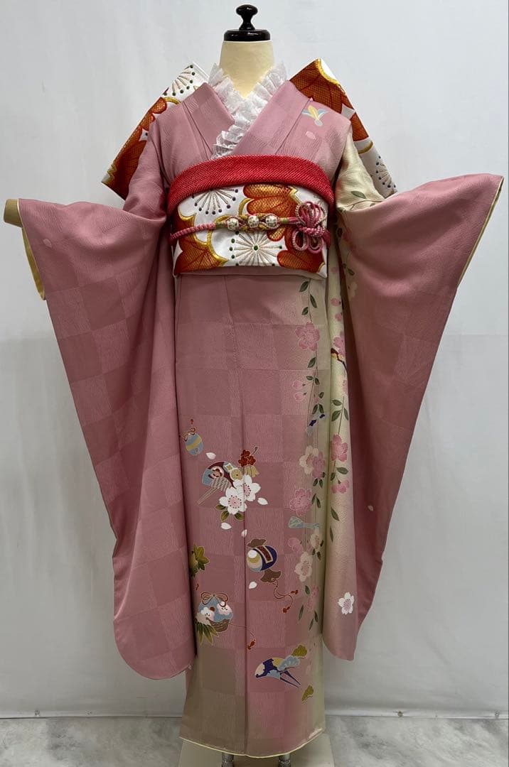 大特価　振り袖　フルセット　長襦袢付　ピンク　桜　梅　金彩加工　661
