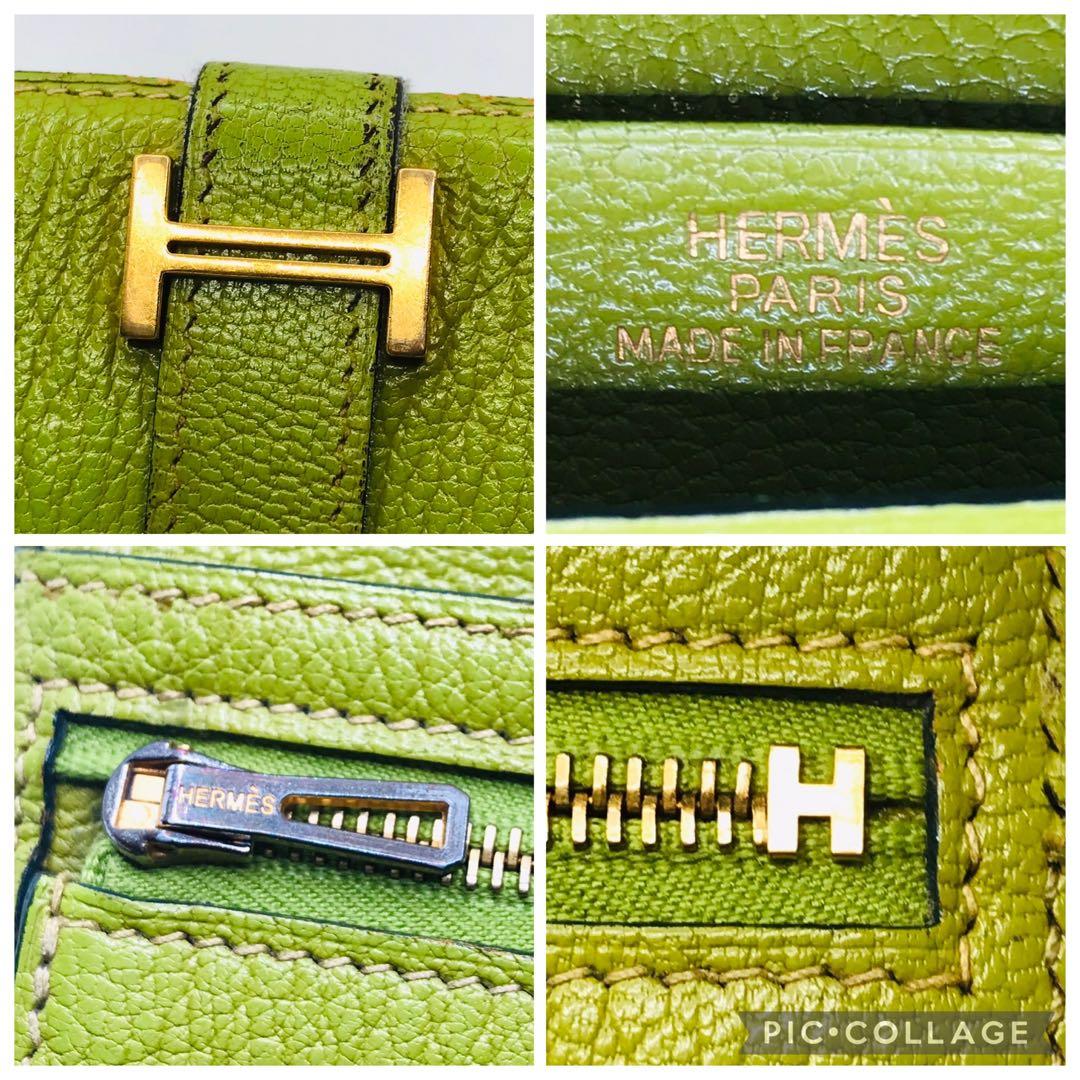 HERMES✨べアン デュプリ 長財布 □H刻印 緑 グリーン ロゴ金具 H金具