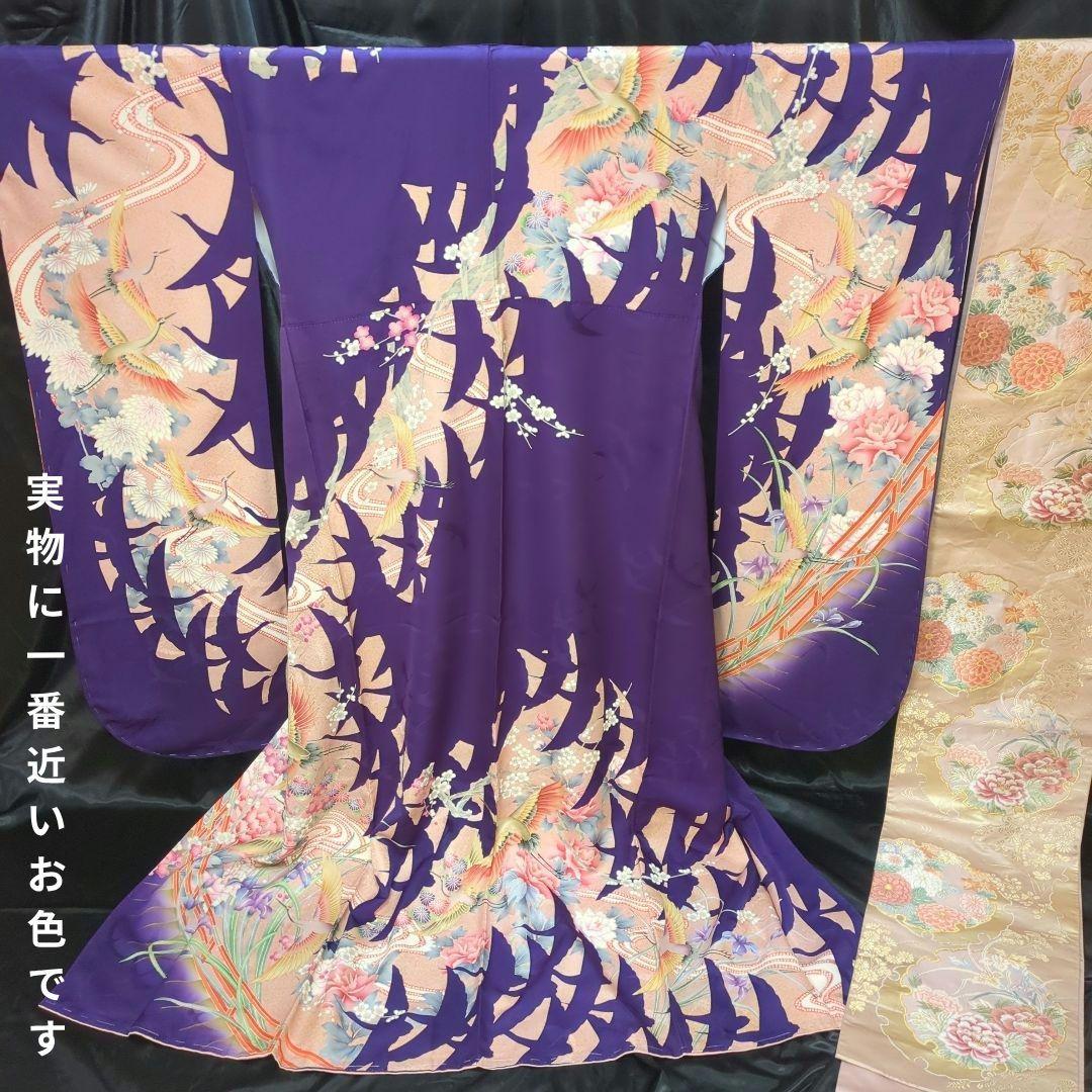 モダン 振袖フルセット 成人式 古典柄 型染め友禅 ９種セット正絹 紫 裄丈68