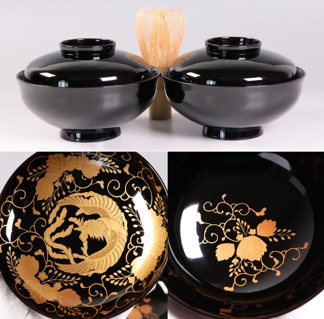 MB193】天然木漆塗 鳳凰桐唐草 金蒔絵 黒塗 吸物椀 二客 大正昭和